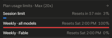A screenshot shows plan usage limits, including a session limit at 3% and weekly all models at 100%.