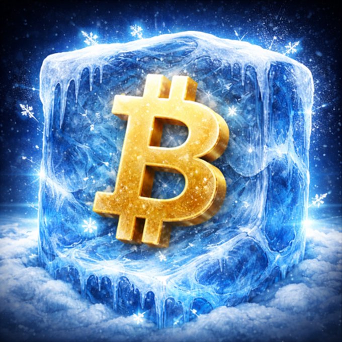A golden Bitcoin symbol encased in a block of ice surrounded by snow and snowflakes against a starry blue background.