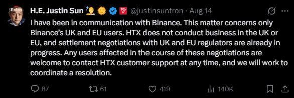 Tweet from H.E. Justin Sun (@justinsuntron) stating he has been in communication with Binance regarding matters concerning only Binance's UK and EU users.