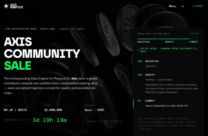 A webpage for 'AXIS COMMUNITY SALE' by Axis Robotics, showing registration/verification steps, a price of $0.10/$AXIS, round of 1,000,000, network Base/USDC, and a countdown of '3d 19h 19m' for commitments.