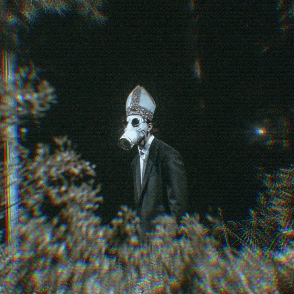 The image features a man wearing a gas mask and a suit standing among some plants or bushes. The photo has been edited with a grainy appearance, giving it an artistic or surreal feel. The caption of the image reads "SINNED, REPENTED. 50 pieces, 1/1s, 0.03 eth. Coming to @TransientLabs." This suggests that the man in the image is wearing a gas mask and standing among plants while being associated with Transient Labs or an artistic project.
