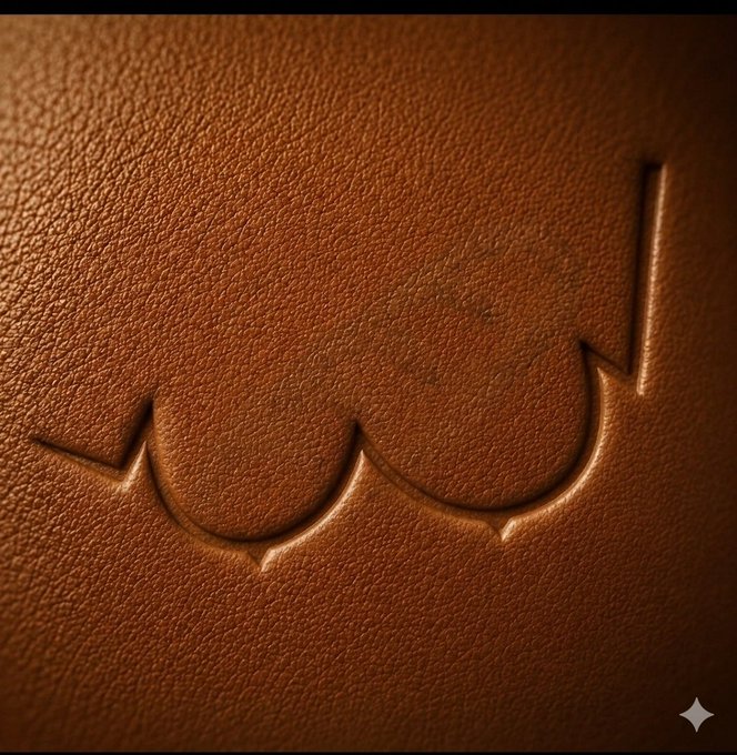 The image features a close-up of an orange leather surface with a unique design etched into it, resembling a pair of breasts or nipples. The design appears to be made using lines that create the shape of a woman's bust. The background is dark brown, providing contrast and making the design stand out prominently. The image also includes text in the bottom right corner that reads "x.com/solana/status".