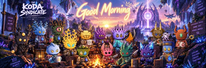 Promotional artwork for 'The Koda Syndicate' NFT collection, featuring various cartoon-style creature characters gathered around a campfire with 'Good Morning' text at the top.