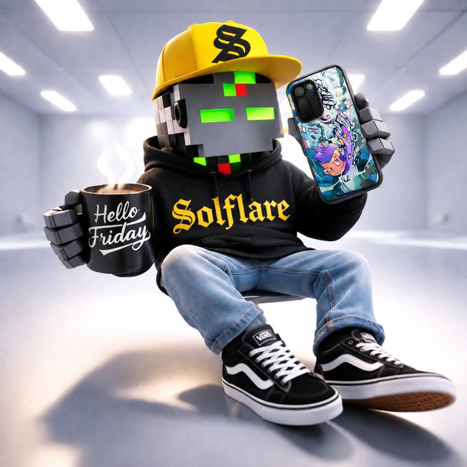 A 3D rendered character with a Minecraft-style creeper head wearing a yellow 'Solflare' cap and hoodie, holding a 'Hello Friday' coffee mug and a smartphone.