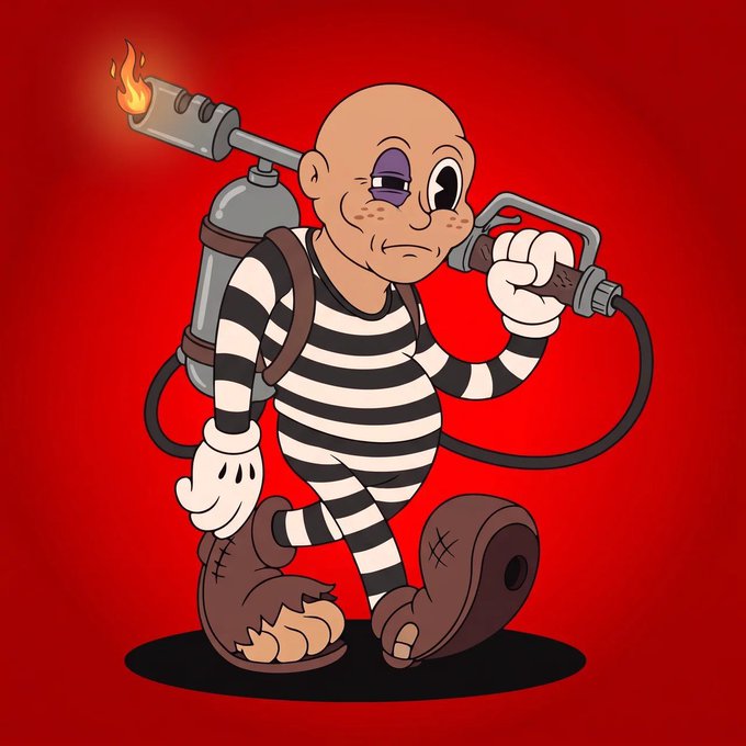 A cartoon illustration of a bald character in a striped prison uniform carrying a flamethrower tank on their back, set against a red background.