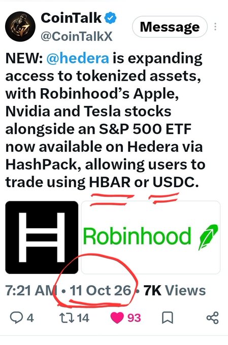 A screenshot of a CoinTalk tweet (@CoinTalkX) dated 11 Oct 26 announcing that Hedera is expanding access to tokenized assets including Robinhood's Apple, Nvidia, and Tesla stocks via HashPack.