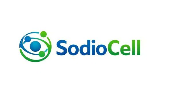 The SodioCell company logo, featuring a stylized blue and green atom-like sphere next to the text 'SodioCell' in blue and green.
