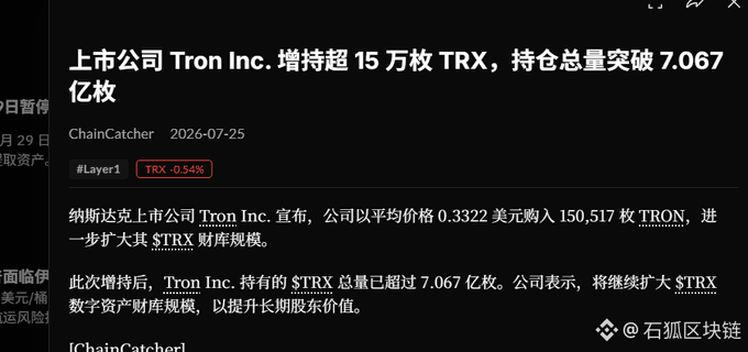 A Chinese news article from ChainCatcher (2026-07-25) with the headline announcing that Nasdaq-listed company Tron Inc. has increased its TRX holdings by over 150,000, bringing its total holdings to over 7.067 billion.