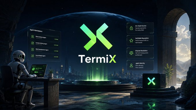 A promotional graphic for "TermiX" shows a robot at a desk alongside menu options like "Agent Marketplace" and "On-Chain Escrow" against a futuristic city backdrop.