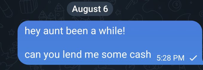 A blue text message dated August 6 at 5:28 PM reads 'hey aunt been a while! can you lend me some cash'.