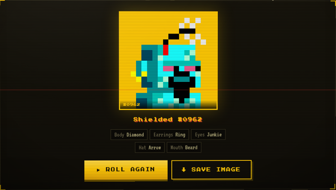 The image displays a pixel art character with teal skin, pink eyes, a beard, and an arrow through its head, labeled "Shielded #0962" with various trait tags including "Diamond," "Earrings Ring," "Eyes Junkie," "Hat Arrow," and "Mouth Beard," along with "ROLL AGAIN" and "SAVE IMAGE" buttons. This matches the post's description of the user's Zcash Shielded PFP (profile picture) NFT #0962.