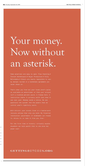 A Wall Street Journal print advertisement for bitcoin with a large orange block reading 'Your money. Now without an asterisk.' and smaller text promoting its security features, ending with 'GETTINGBITCOIN.ORG'.