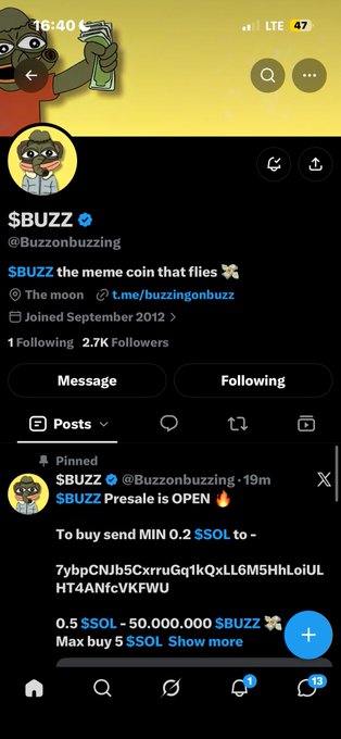 A screenshot of an X (Twitter) profile for '$BUZZ' (@buzzonbuzzing) showing a pinned post announcing a presale, stating 'To buy send MIN 0.2 $SOL' to a specific wallet address.