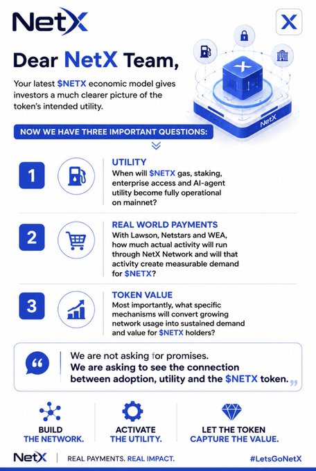 An infographic addressed to the 'NetX Team' posing three questions about $NETX token utility, real-world payments through Lawson, Nestars and WEA, and token value, ending with 'BUILD THE NETWORK. ACTIVATE THE UTILITY. LET THE TOKEN CAPTURE THE VALUE.' and '#LetsGoNetX'.