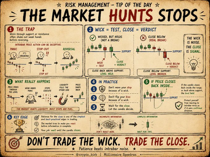 A vintage-style infographic titled "THE MARKET HUNTS STOPS" illustrates six key concepts about trading stop-loss strategies, including intrabar price action deception (panic, stop-out, reversal), the rule that "wick = test, close = verdict," and the advice "DON'T TRADE THE WICK. TRADE THE CLOSE." The image visually reinforces the post's message about how market wicks through support/resistance trigger panic selling and stop-loss execution, only to reverse—emphasizing that traders should wait for candle closes rather than react to intrabar noise.