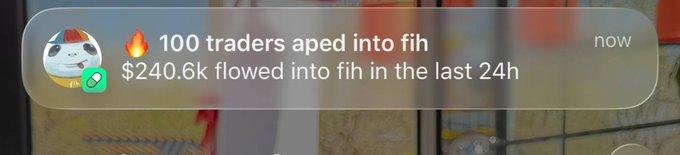 A notification showing "🔥 100 traders aped into fih" with "$240.6k flowed into fih in the last 24h," tied to the @PumpfunEco platform highlighting the $fih token's trading momentum.