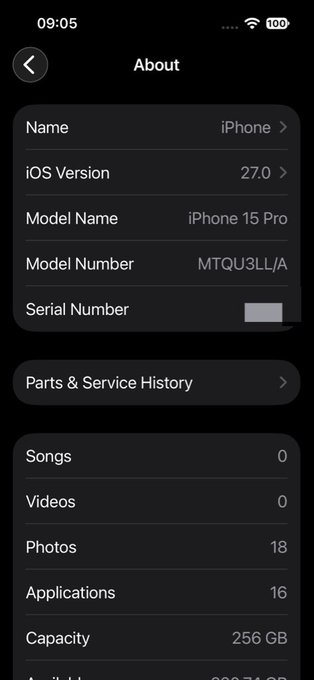 Screenshot of an iPhone's About settings page showing an iPhone 15 Pro running iOS 27.0 with 256 GB capacity, 18 photos, and 16 applications installed.