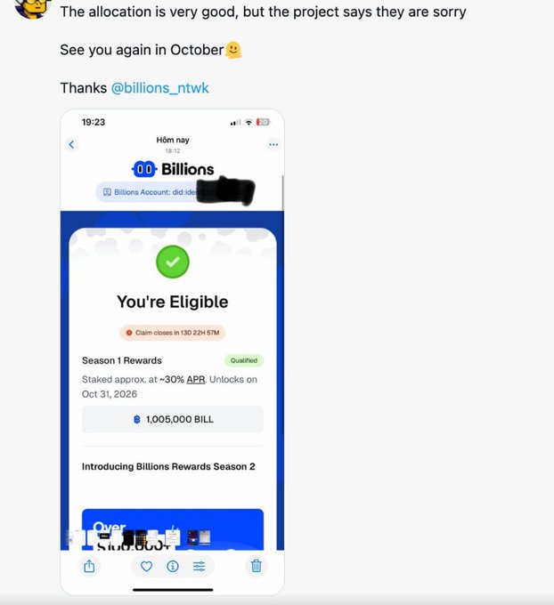 The image shows a screenshot from the Billions app confirming eligibility for Season 1 Rewards, with 1,005,000 BILL tokens (~$30% APR) to be unlocked on Oct 31, 2026. The accompanying post notes that the user earned over 1 million $BILL tokens as a mod, but must wait until October to claim them, with the peak value once reaching over 2 billion VND.
