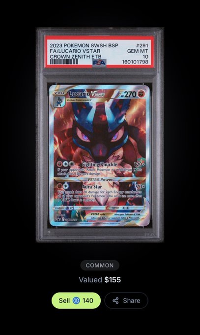 A PSA 10 graded Lucario VSTAR Pokémon card (#291) from the 2023 Crown Zenith set, valued at $155, shown in what appears to be a digital trading card marketplace. The image relates to the post by showcasing a digital Pokémon card collectible being traded on the Solana blockchain via Jupiter Exchange, highlighting the user's new addiction to blockchain-based Pokémon card collecting.