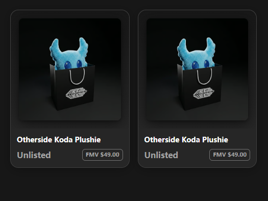 The image shows two blue stuffed animals, each placed inside a black shopping bag. The bags are positioned side by side against a black background. Below the bags, there's text that reads "Bought two, @OthersideKoda Plushie". This suggests that these items were purchased together or in bulk. The post also mentions that the stuffed animals have good collectible value and is listed on a marketplace called "phygitals.com/marketplace?".