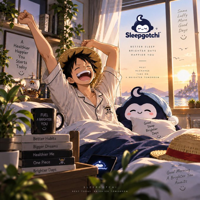 An anime-style ad for "Sleepgotchi" depicts a young man yawning and stretching in bed, surrounded by a sleepy mascot, books, and motivational text like "BETTER SLEEP BRIGHTER DAYS HAPPY YOU" and "A Healthier Happier You Starts Today."