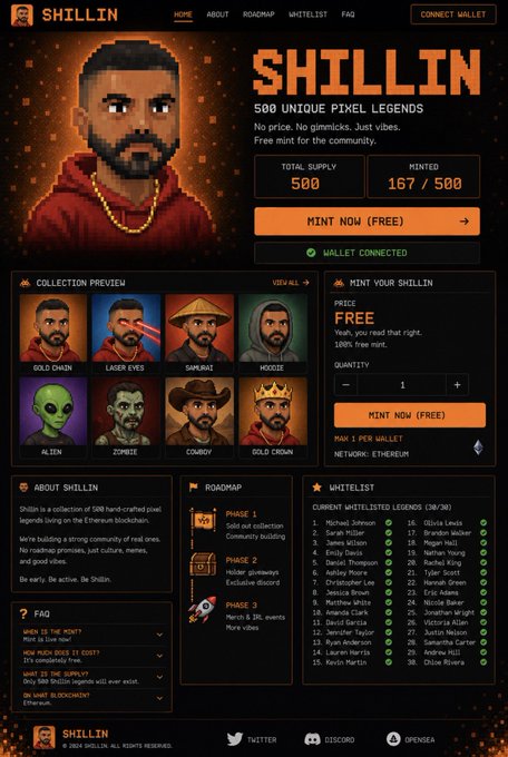 A website screenshot for an NFT project called 'SHILLIN' featuring pixel art legends, showing 167/500 minted and pricing details.