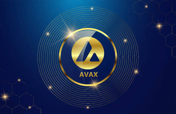 A promotional graphic for the AVAX (Avalanche) cryptocurrency featuring its gold and blue triangular emblem on a dark blue background.