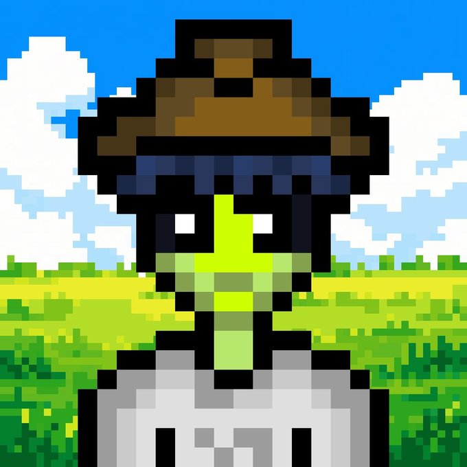 A pixel art portrait of a green-skinned character wearing a brown hat and white shirt, set against a background of green fields, blue sky, and white clouds.