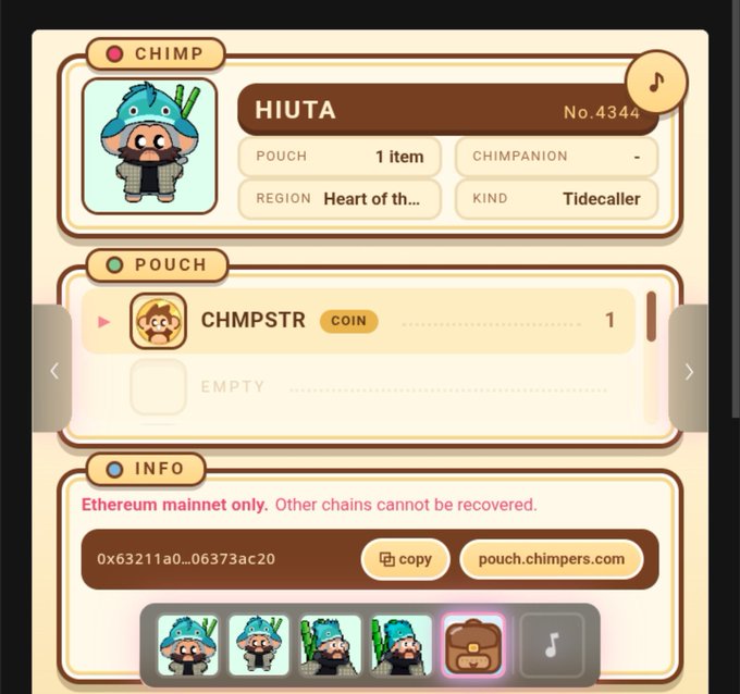A screenshot of a digital collectible interface showing a character named 'HIUTA' (No. 4344), a 'Tidecaller' from 'Heart of th...', with a pouch containing 1 item of 'CHMPSTR' coin and an Ethereum address.