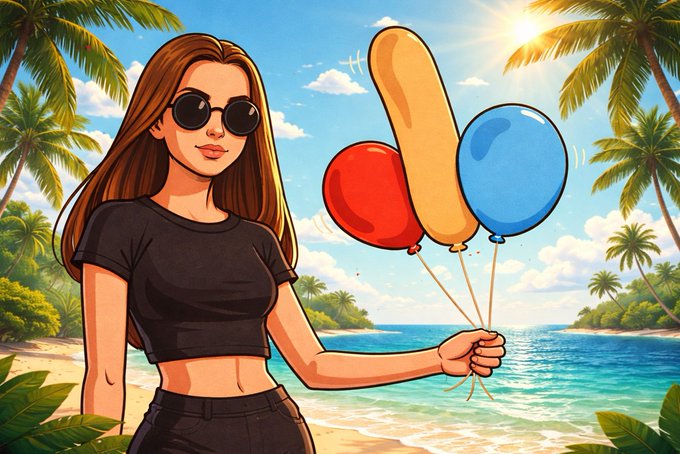 A digital illustration of a young woman in sunglasses and a black crop top holding red, blue, and yellow balloons on a tropical beach with palm trees and turquoise water.