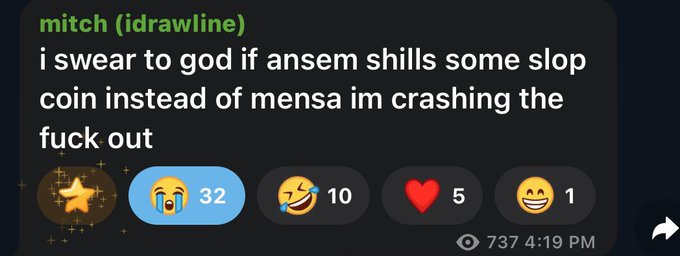 A Discord message from user "mitch (idrawline)" reads "i swear to god if ansem shills some slop coin instead of mensa im crashing the fuck out," receiving 32 crying-laughing reactions, 10 laughing reactions, 5 hearts, and 1 grinning reaction at 4:19 PM with 737 viewers. The message humorously mirrors the accompanying post's sentiment about Ansem shilling low-quality "slop" coins over legitimate projects like Mensa.