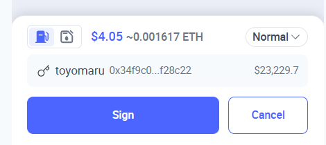 A cryptocurrency transaction confirmation screen showing a payment of $4.05 (~0.001617 ETH) to address 'toyomaru 0x34f9c0...f28c22' for $23,229.7, with Sign and Cancel buttons.
