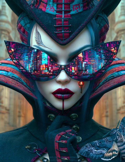 A stylized digital artwork of a woman with elaborate blue and red headwear, dark red lips, and reflective sunglasses that display a colorful neon cityscape reflection.