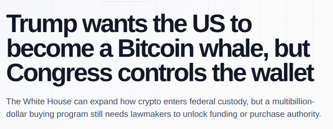 A news headline reading 'Trump wants the US to become a Bitcoin whale, but Congress controls the wallet', with a subheadline about the White House expanding crypto custody.