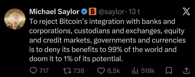 A tweet from Michael Saylor (@saylor) stating: "To reject Bitcoin's integration with banks and corporations, custodians and exchanges, equity and credit markets, governments and currencies is to deny its benefits to 99% of the world and doom it to 1% of its potential." The post, posted 13 hours before screenshot, has 717 replies, 738 reposts, 6.5K likes, and 518K views, illustrating Saylor's vision of corporate/institutional Bitcoin integration that the accompanying post critiques.