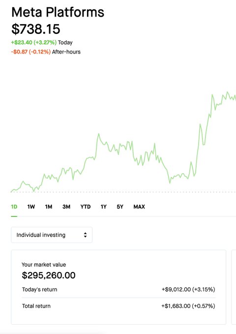 A stock chart showing Meta Platforms at $738.15, up $23.40 (+3.27%) today, with an individual's market value of $295,260.00 reflecting a +$9,012.00 (+3.15%) gain.