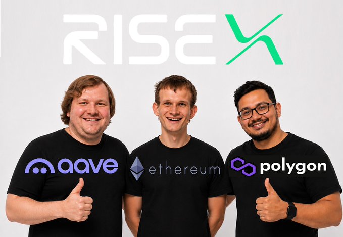Three crypto leaders, two with thumbs up, stand in front of the "RISE X" logo and wear shirts bearing the logos and names "aave," "ethereum," and "polygon." The image highlights the prominent crypto projects that the individuals are associated with, reinforcing the post's message about the project being backed by major names in the crypto space.
