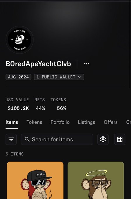 A screenshot of the 'B0redApeYachtClvb' NFT portfolio dashboard showing a USD value of $105.2K, split 44% NFTs and 56% tokens, dated August 2024.