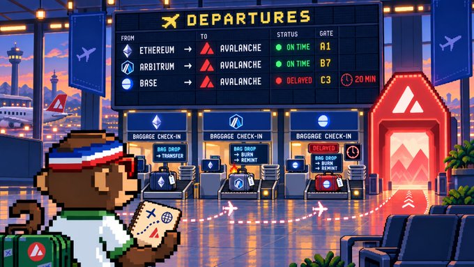 A pixel art airport departures board shows flights to Avalanche from Ethereum, Arbitrum, and Base, with status indicators for On Time and Delayed, alongside baggage check-in counters.