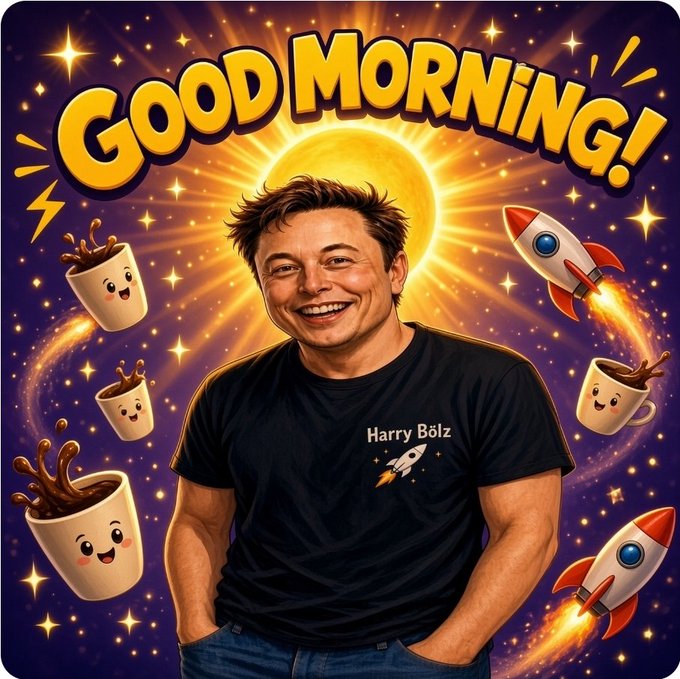 An identical 'GOOD MORNING!' cartoon image featuring the same smiling man in a 'Harry Bölz' rocket t-shirt with animated coffee cups and rockets against a cosmic background.