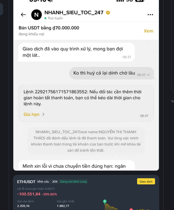 A screenshot of a Vietnamese cryptocurrency trading app shows a chat conversation with user 'NHANH_SIEU_TOC_247' regarding a USDT sale dispute, with ETHUSDT trading at 2,259.16 below.