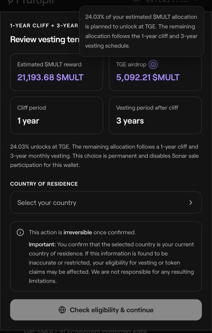 The image displays a Sonar vesting review screen showing a 1-year cliff and 3-year vesting schedule with an estimated $MULT reward of 21,193.68 $MULT and 5,092.21 $MULT claimable at TGE, visually confirming the user's analysis that claiming without the presale yields only "peanuts" at low price points.