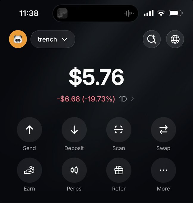 A crypto wallet screenshot shows a balance of "$5.76" with a significant 24-hour drop of "-$6.68 (-19.73%)" displayed in red, alongside options like Send, Deposit, Swap, Earn, and Perps. The image humorously illustrates the post's caption about swearing off memecoin trading after taking a brutal loss that nearly wiped out the entire portfolio.