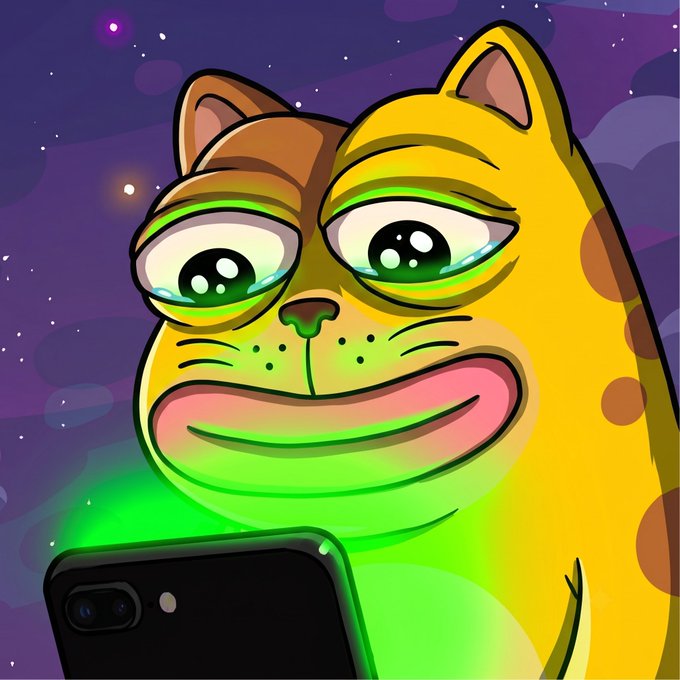 A cartoon cat meme with teary, glowing green eyes stares at a smartphone, paired with an excited post announcing a crypto/NFT mint date of October 1st on Robinhood Crypto and OpenSea, along with a request for whitelist spots.