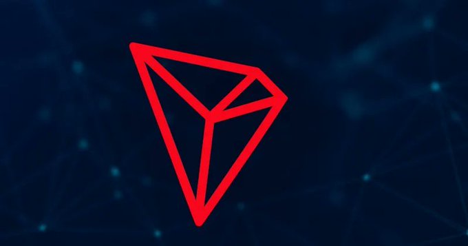 The red TRON (TRX) cryptocurrency logo displayed against a dark blue background with a network pattern.