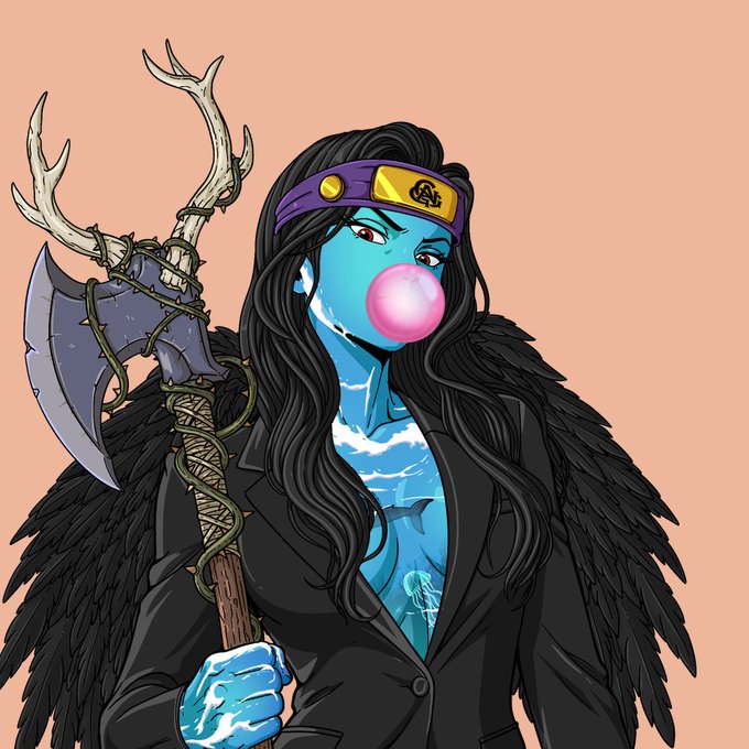 A stylized illustration of a blue-skinned female character with long black hair, a purple headband, and black wings, wearing a blazer and blowing a pink bubblegum bubble while holding a large double-bladed axe decorated with antlers.