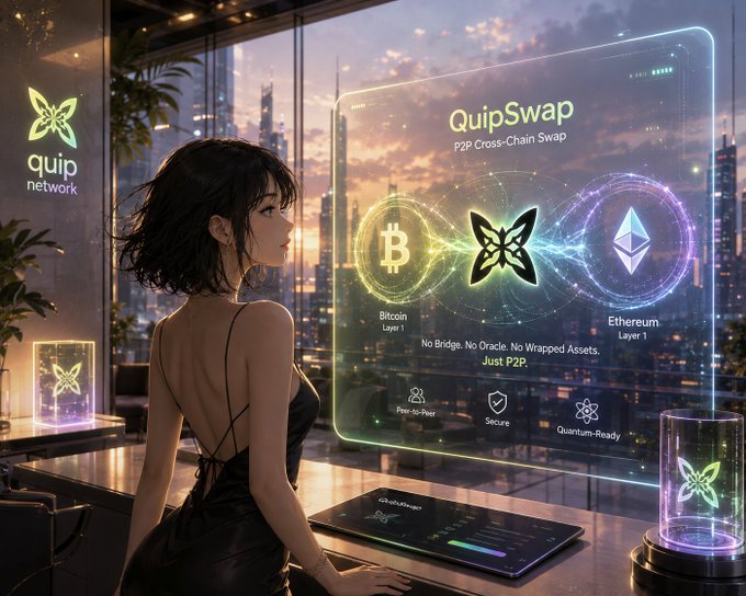 A digital illustration of a woman in a black dress looking at a holographic display advertising "QuipSwap P2P Cross-Chain Swap" between Bitcoin and Ethereum, with the "quip network" logo, marketed as "No Bridge. No Oracle. No Wrapped Assets. Just P2P."