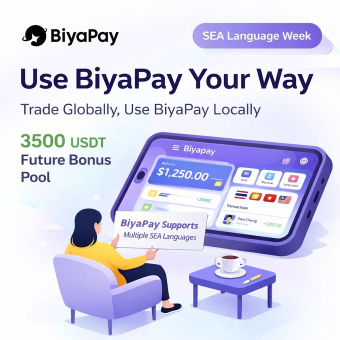 A BiyaPay advertisement for SEA Language Week promotes 'Trade Globally, Use BiyaPay Locally' with a '3500 USDT Future Bonus Pool' and shows the app interface supporting multiple SEA languages.