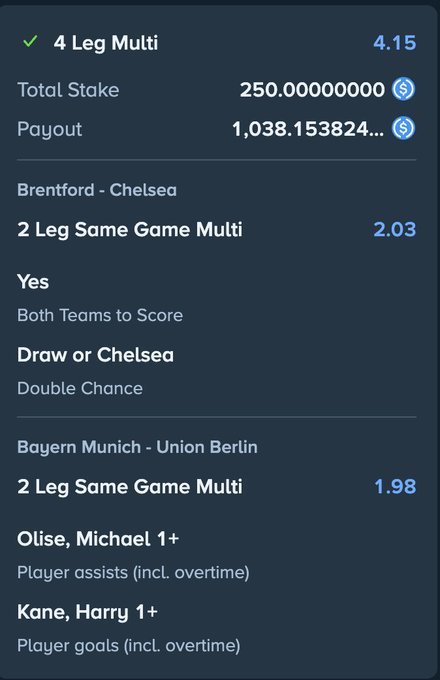 A betting slip on Stake shows a 4-leg multi-bet with a total stake of 250 SC and a potential payout of 1,038.15 SC, combining bets on Brentford vs Chelsea (Double Chance + Both Teams to Score) at 2.03 odds and Bayern Munich vs Union Berlin (Olise 1+ assists, Kane 1+ goals) at 1.98 odds.
