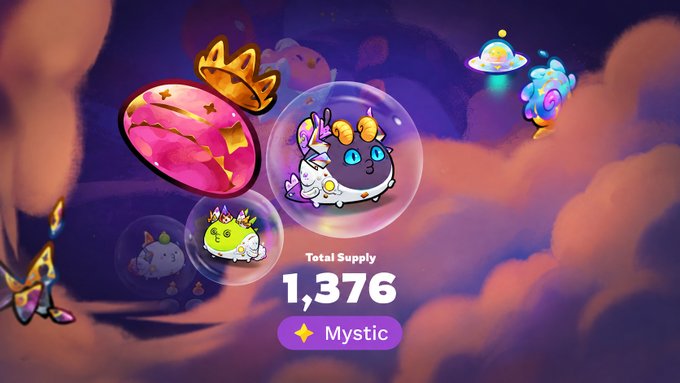 A whimsical digital illustration featuring cute Axolotl-like creatures floating in bubbles among pink clouds and butterflies, with text showing 'Total Supply 1,376' and a purple 'Mystic' label.